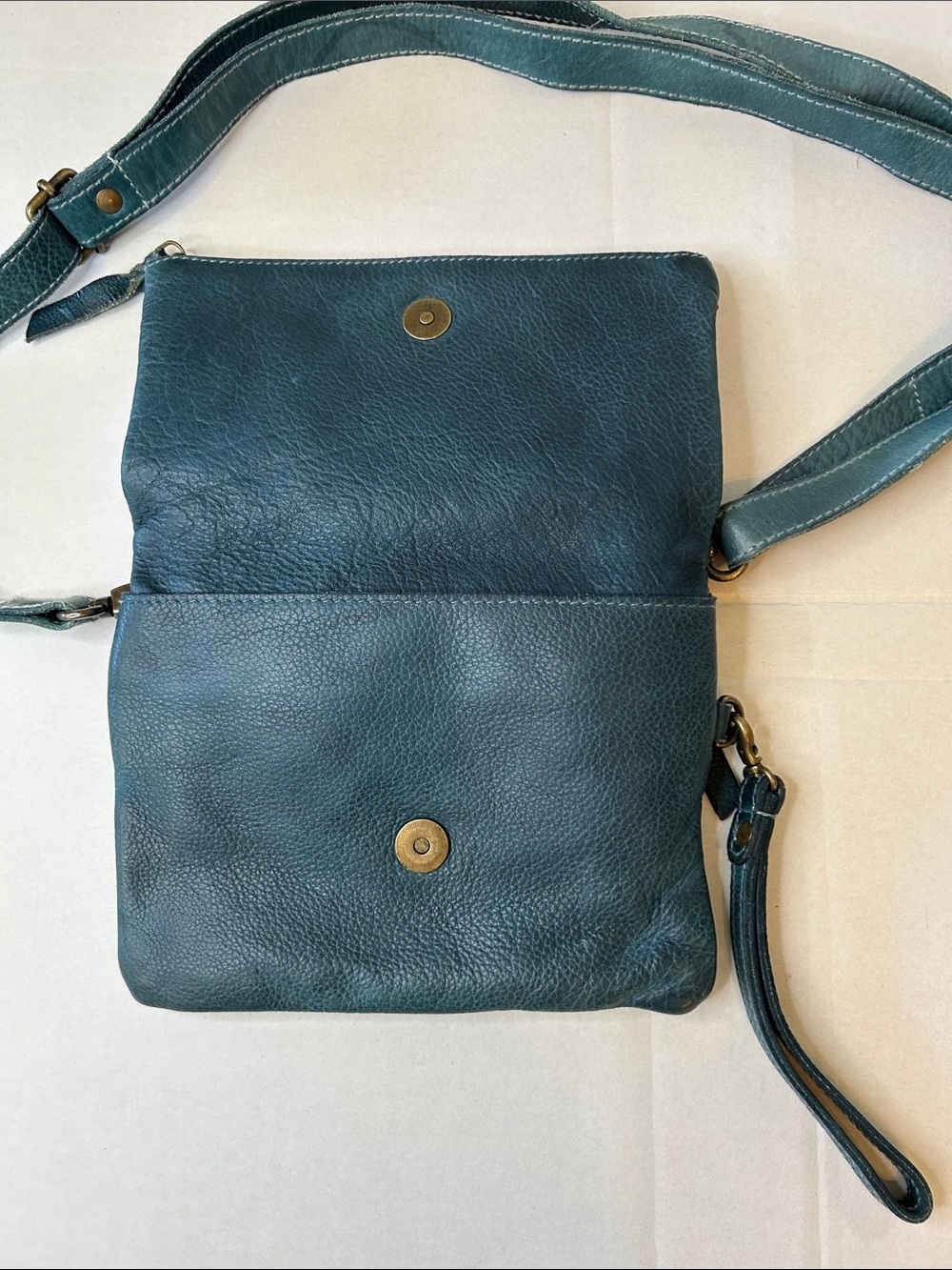 AMSTERDAM HERITAGE LEATHER CROSSBODY TEAL GREEN STRUCTURAL FOLD OVER PURSE - Picture 4 of 10